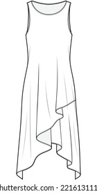 asymmetric hem dress fashion flat sketch vector illustration