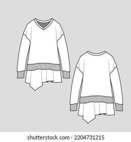 Asymmetric hem Drop Shoulder Sweatshirt V Neck long sleeve ribbed cuffs Fashion flat sketch cad drawing template