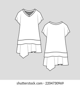 Asymmetric hem kimono Sleeve top V Neck layered ruffle hem Fashion flat sketch cad drawing template