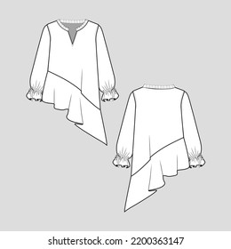 Asymmetric hem sleeve knot top Frill notch Neck Long knotted hem Sleeve ruffles Fashion template  flat sketch