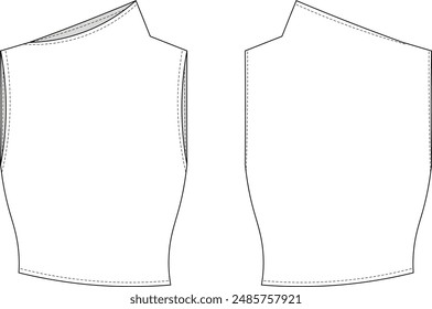 asimétrico alto cuello asimétrico dobladillo sin mangas ajuste blusa elástica top Plantilla dibujo técnico plano sketch cad mockup moda mujer diseño estilo modelo 