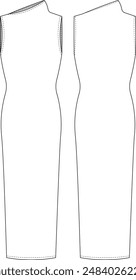 asimétrico alto cuello sin mangas cuerpo-con línea recta h maxi largo midi vestido elástico Plantilla dibujo técnico plano sketch cad maqueta de moda mujer diseño modelo 