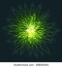 Asymmetric Intersecting Glowing Green Ovals. Effect of Shimmering Flying Particles.