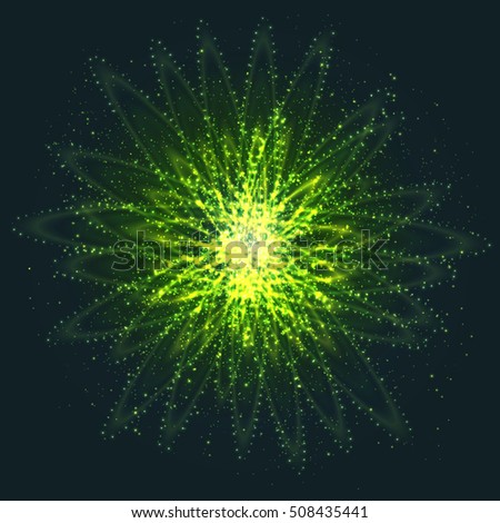 Asymmetric Intersecting Glowing Green Ovals. Effect of Shimmering Flying Particles.