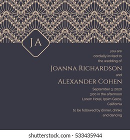 Muestra de invitación asimétrica en un estilo moderno. Fondo de encaje en colores grises y dorados. Diseño simple de la tarjeta de la invitación y del anuncio con el modelo calado y el marco del rombo
