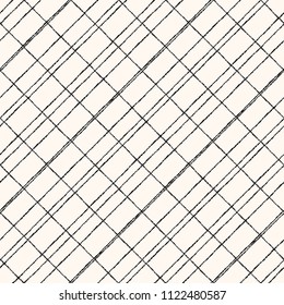 Asymmetric, irregular diagonal crossing stripes, lines, bars seamless repeat texture, pattern. Grid, trellis, grating, lattice background with rectangle cells. Hand, chalk drawn, textured edges.