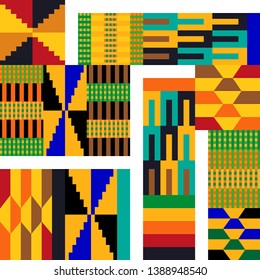 Asymmetric Kente pattern. Seamless repeating geometric print inspired by African art. Ethnic textile collection.