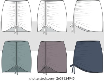 Asymmetric mini skirt set with gathered detail fashion technical drawing, illustration. woman mini skirt with bow technical drawing, flat sketch,  CAD, mock up set.