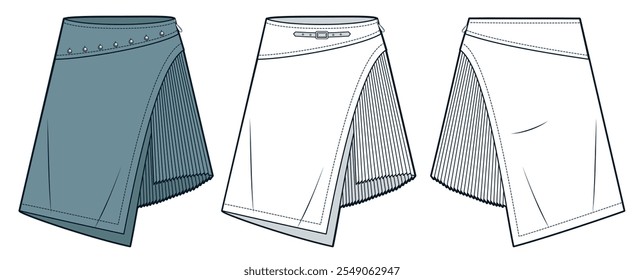 Asymmetric mini Skirt technical fashion illustration. Pleated Skirt fashion flat technical drawing template, side zipper, front and back view, white, blue, women CAD mockup set.