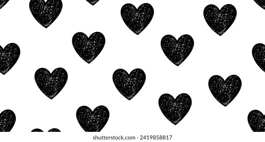 Asymmetric Monochrome Seamless Pattern of Hand-Drawn Black Hearts on White Backdrop. Style of Children's Drawing. Continuous Background with Romantic Theme for Valentine's Day.