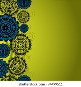 asymmetric mustard background with round ornaments, and waves