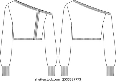 asymmetric neck ribbed cuff hem zippered long balloon sleeve croppeed crop blouse top sweater