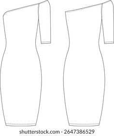 assimétrico pescoço sem mangas um ombro meia manga manga bodycon curto midi joelho comprimento longo elástico vestido modelo técnico desenho plano esboço cad maquete moda mulher design estilo modelo 
