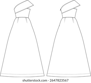 pescoço assimétrico sem mangas um ombro strappy amarrado darted vestido de bola sob medida uma linha maxi vestido de noiva modelo técnico desenho plano esboço cad maquete moda mulher design estilo modelo