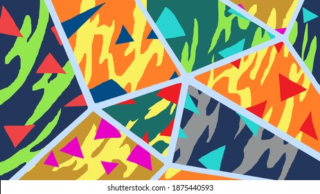 Asymmetric pattern. Digital freehand art, triangle grunge texture. Vector patchwork quilt background. Decorative elements, brush strokes ornament for flyer, poster, cover, textile fabric print.
