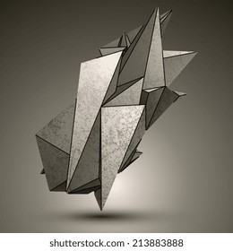 Asymmetric peak technology metallic object, complicated cybernetic element with different geometric figures.