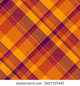 Asymmetric plaid background vector, neon check pattern texture. Latin textile fabric tartan seamless in bright and red colors palette.