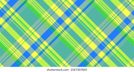 Asymmetric plaid texture check, tree fabric pattern seamless. Ethnic background vector tartan textile in green and blue colors palette.