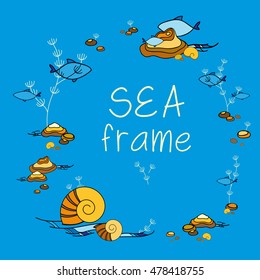 Asymmetric round sea frame with shells, alga, fishes and stones - vector illustration
