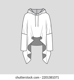 Asymmetric Ruffles Hem Hoodie Drop Shoulder Long Sleeve Drawstring Fashion Sweatshirt Flat Sketch Template Design Drawing Vector