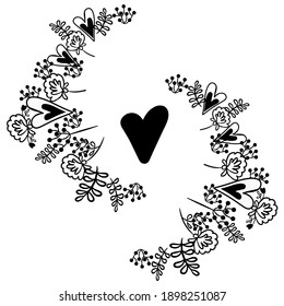 Asymmetric semicircular frame with copy space of flowers, twigs and hearts. Valentine's day or wedding love concept. Vector graphics