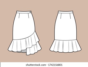 Asymmetric Skirt With Volant Frill Technikal Sketch