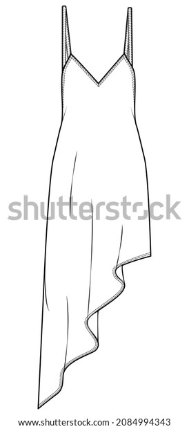 Asymmetric slip dress, womens sleeveless plunge\
neck spaghetti strap dress vector illustration isolated on white\
background CAD\
mockup.