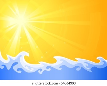 Asymmetric sunny light burst with cool relaxing water waves. Use of radial and linear gradients, global colors. Artwork neatly grouped and layered.