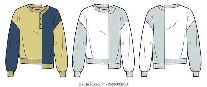 Asymmetrische Sweatshirt Mode flach technische Zeichnung Vorlage. Sweater technische Modegrafik, Taste, Vorder- und Rückseite, weiß und grau, gelb und blau, Frauen, Männer, Unisex CAD Mockup Set.