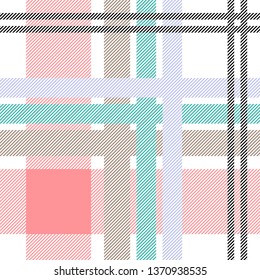 Asymmetric textile print with checkers and stripes. Trendy fabric design with English and French motifs. Seamless vector pattern with white and pink palette. Template for plaids, shirts, dresses.