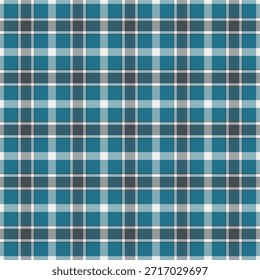 Asymmetric texture seamless fabric, tile background check plaid. Comfortable pattern textile tartan vector in cyan and white colors palette.