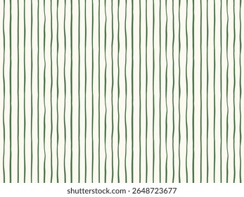 Asymmetric thin lines painted vertically forming minimalist stripes pattern in colors of olive green on off white background. Seamless vector pattern. Great for home decor, fabric, wallpaper, giftwrap