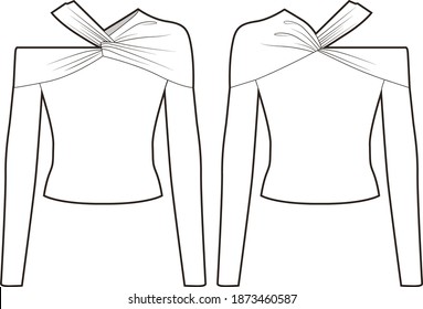  Asymmetric Twisted Jersey Bodysuit. Fashion vector sketch. Long sleeves