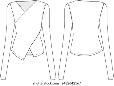 asymmetric v neck long sleeve body con blouse cad technical drawing flat sketch template fashion woman
