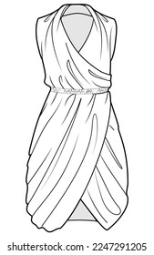 asymmetric wrap dress flat sketch vector illustration technical cad drawing template