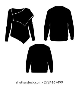 Asymmetric Wrap Sweatshirt Mockup Set, Three Variations of Modern Apparel Design, Fashionable Layered Top Vector Illustration with Front and Back Views