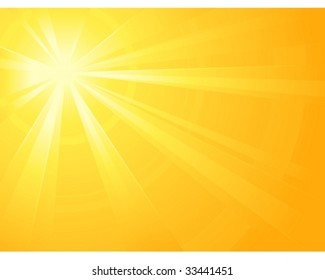 Asymmetric yellow orange light burst with the centre in the upper left third. All rays controlled by two linear gradient. Radial gradient for background, outer ring. Grouped, layered & global colors.