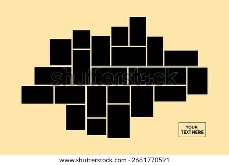 Asymmetrical 22 photo collage vector illustration. Mosaic pattern for background and picture. Tiles pattern for web and mockup presentation isolated on yellow background.