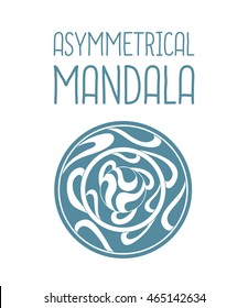 Asymmetrical blue mandala design with drops in a circle geometric shape. Simple logotype for yoga school