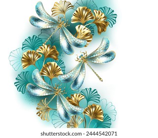 Asymmetrical composition of gold dragonflies with patterned wings, artistically drawn in art nouveau style and branches with gold, jewelry and green leaves of ginko biloba. Golden dragonfly.