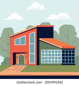 asymmetrical country house with large corner windows