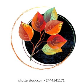 Asymmetrical, floral composition of an artistically drawn eucalyptus branch with red and green decorative leaves with black textured circle on white background.