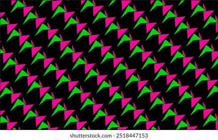 Asymmetrical geometric pattern. Black background with colorful shapes in pink and green.