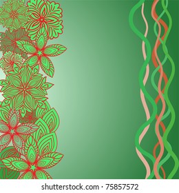 asymmetrical green background with flowers and ribbons