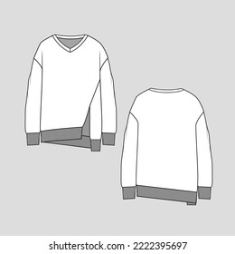 Asymmetrical hem Front Slit open Ribbed Sweatshirt drop shoulder Long sleeve Rib hem autumn winter fashion flat sketch technical drawing template design vector