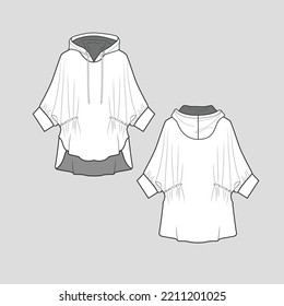 Asymmetrical Hem Kimono Sleeve Gathering Hoodie Sweatshirt Dress High Low Dip Hem Drawstring Fashion Sleeve Cad Flat Sketch Technical Drawing Template