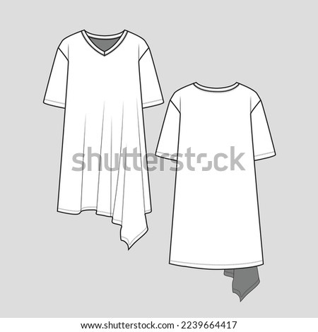 Asymmetrical Hem Long Top V Neck Drop Shoulder Short Sleeve fashion Dress Fashion Flat Sketch drawing template