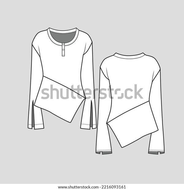 Asymmetrical hem Top\
henley neck button panel placket Long Slit Sleeve Fashion cad\
design Flat Sketch\
template