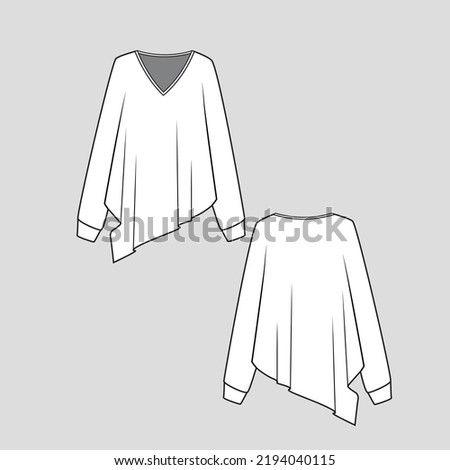 asymmetrical hem top v neck long sleeve with cuffs fashion flat sketch drawing template