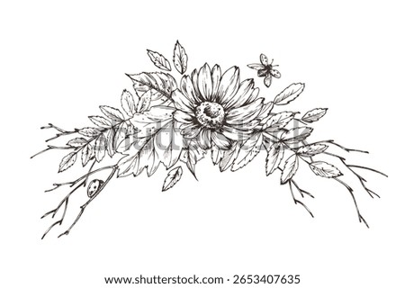 Asymmetrical horizontal floral composition with wildflowers, leaves, and twigs. Hand drawn line art illustration perfect for seasonal design, packaging, and rustic branding.